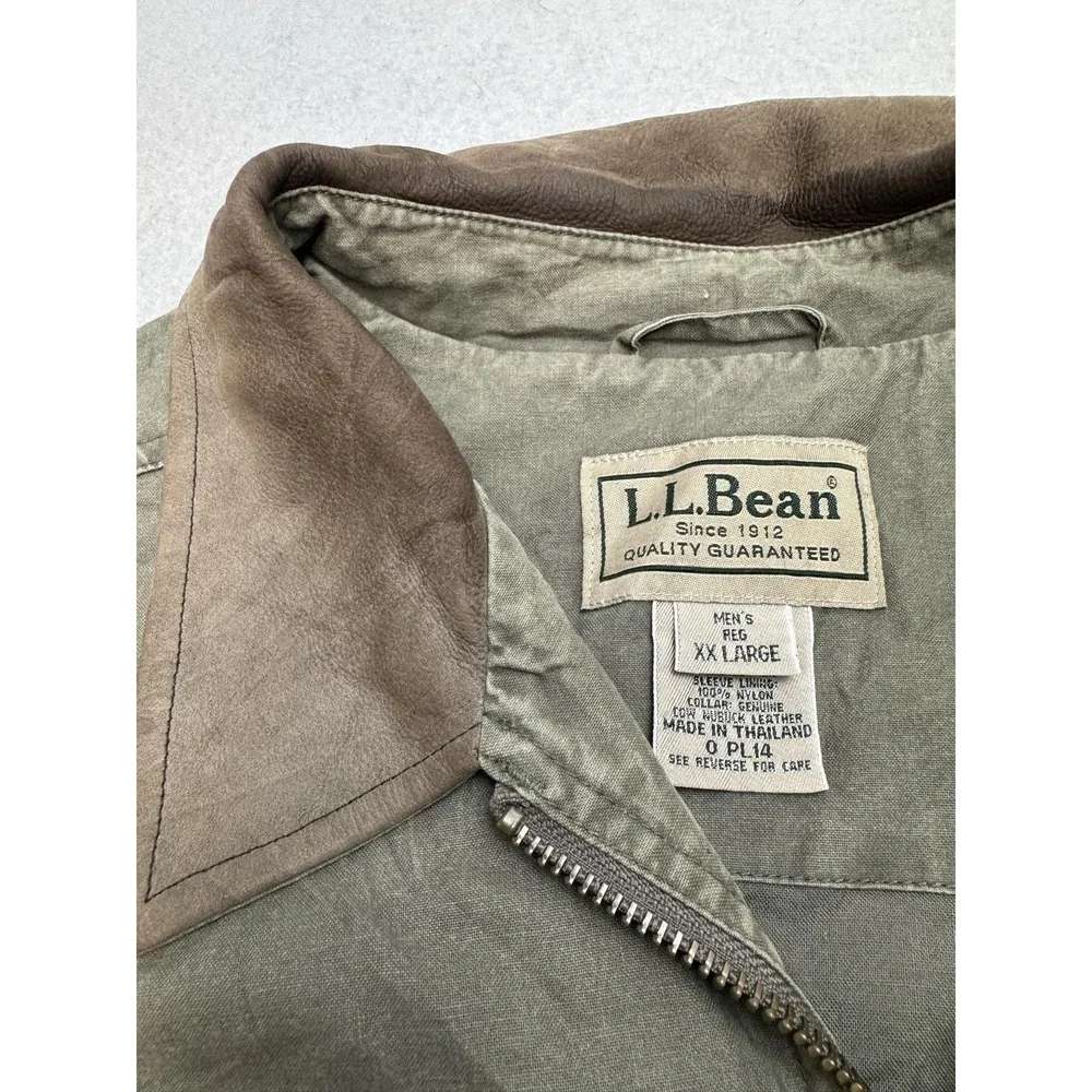 L.L.Bean Jacket Mens 2XL Green Canvas Leather Collar Bomber Workwear Lined
